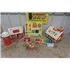 Image 1 : 6 Fisher Price Items; Barn, School House, Activity Center, Camera, Queen Bee + Xylophone 