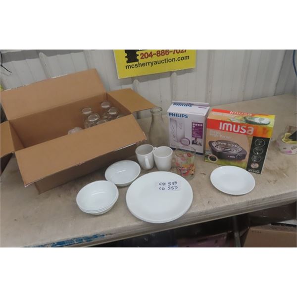 Corelle Dish, Electric Single Burner, Surge Protection + Glasses