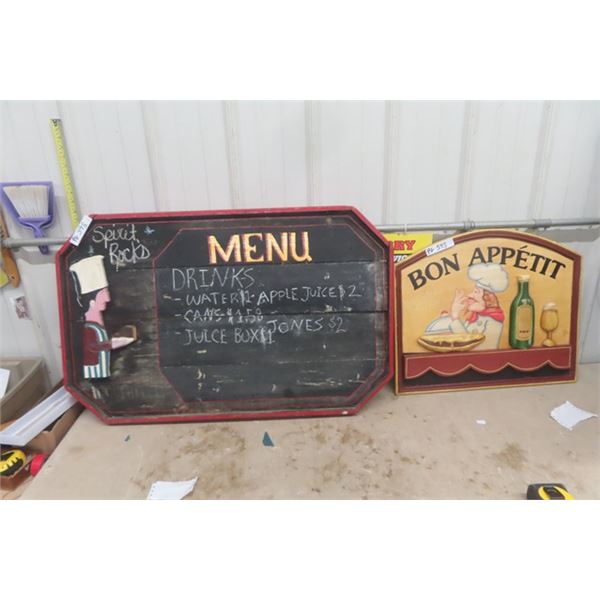 2 Wooden 3D Pictures ; Menu Board 24" x 38" & Bon Appetit 20" x 24" 