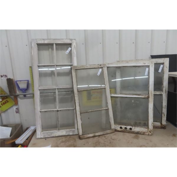 4 Window Panes - Old Style with Wooden Frame - Largest 20" x 46" 