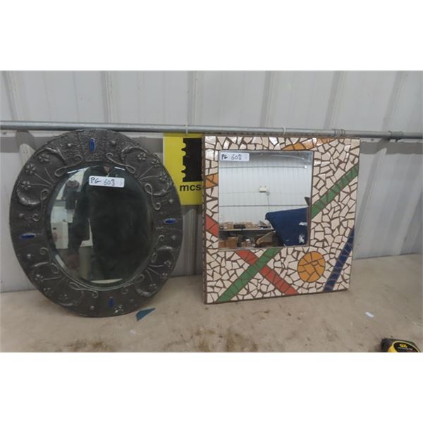 2 Mirrors ; Oval 18" x 21" Metal Over Wood & Ceramic Tile 20.5" x 20.5" 