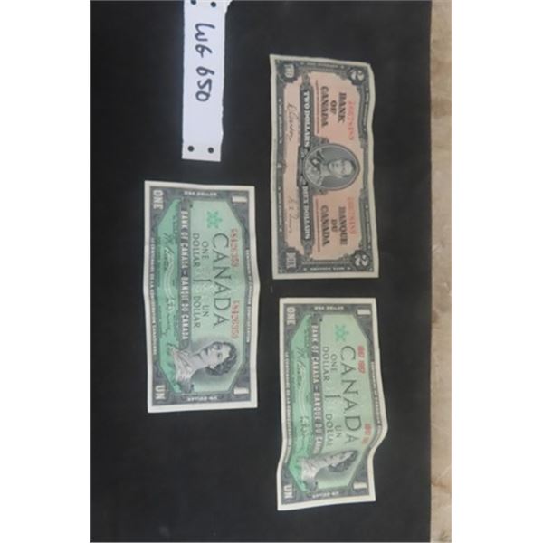 1937 $2.00 Canadian Paper Bill, (2) 1967 Canadian $1.00 Bills