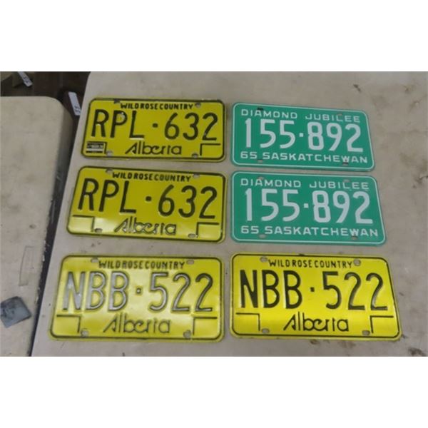 2 Pairs of Alberta License Plates, 1 Pair 1965 Saskatchewan Plates - Like New