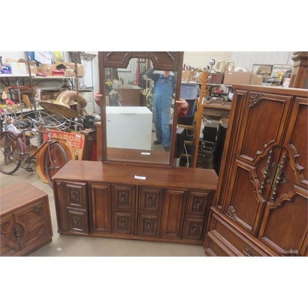 5 pc Bedroom Suite: Dresser 18"×27"×64 with Mirror Add 31"×49" + Tall Dresser 18"×37"×64" + 2 End Ta