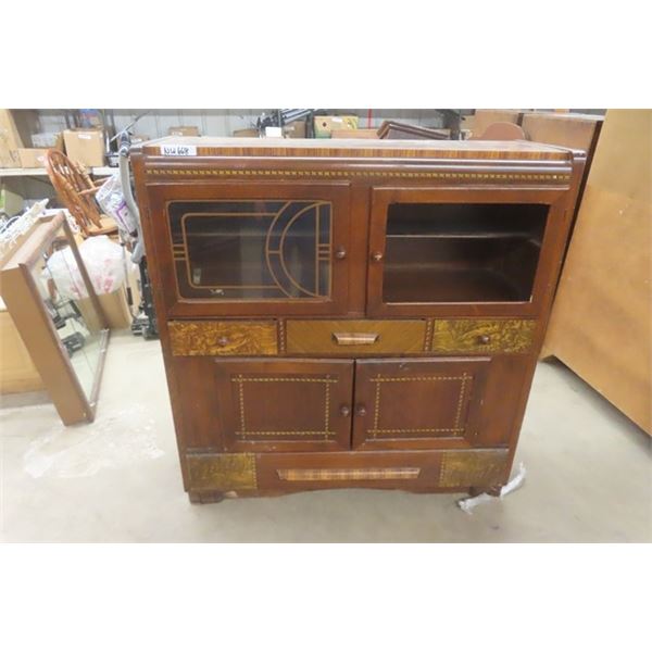 Vintage China Cabinet ,4 Door, Multi Drawer- 1 Piece of Glass Missing 17"×46"×47"