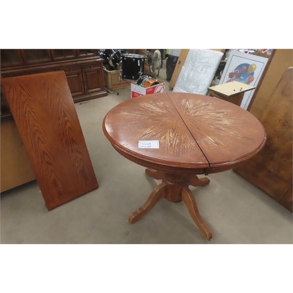 Oak Round Pedestal Kitchen Table - Top Needs Refinishing - 41" Wide with (1) 18" Leaf