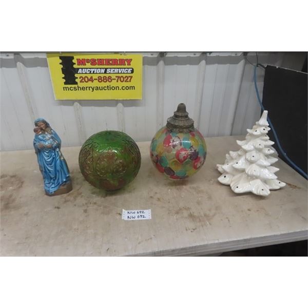 Ceramic Christmas Tree, Religious Statue, 2 Glass Lamp Shades