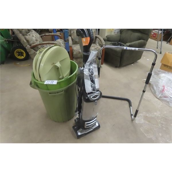 2 Rubbermaid Garbage Cans, Shark Upright Vacuum, Chrome + Rubber Walker? Shirt Stand?