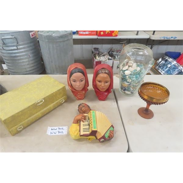 Bossons Chalkware,  2 Head Vases, Vase with Glass Rocks, Jewelry Box 