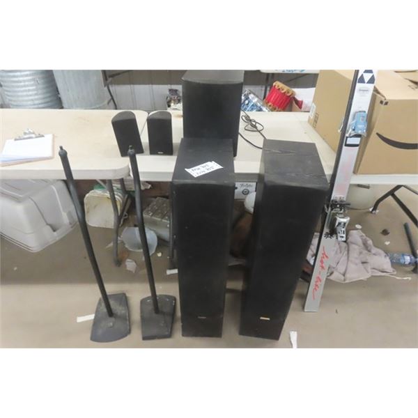Paradigm Speaker System Subwoofer, 2 Smaller Speakers, 2 Floor Speakers  Speaker Stands