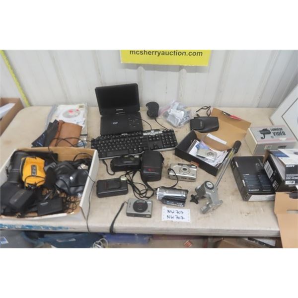 Assorted Cameras- 35mm + Digital, Dell Keyboard, Sylvania DVD Player, Camera Cases - Canon G11 Box o