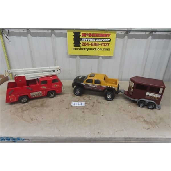 Tonka Pressed Steel Aerial Fire Truck 17.5" Long, Plastic Tonka Truck + Horse Trailer 28" Long