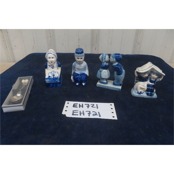 4 Porcelain Holland Figures- 2 are Salt + Pepper Shakers & Holland Spoon