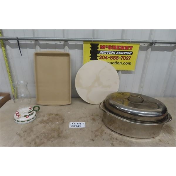 2 Pampered Chef Baking Sheets, Silver Roaster, Christmas Candle Holder