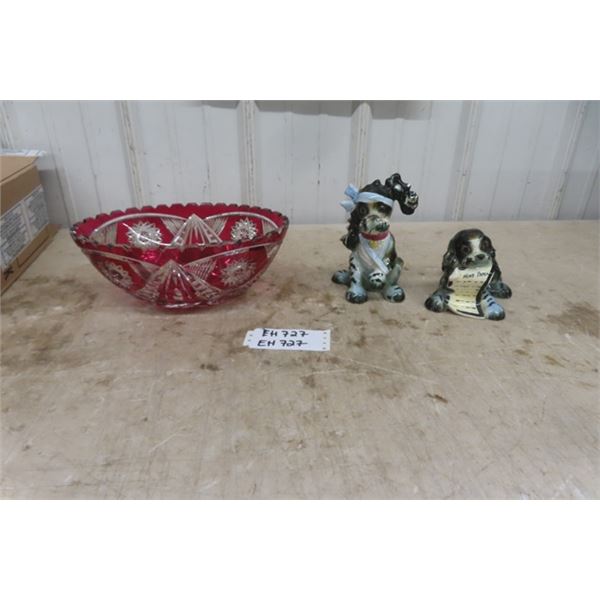 Cranberry Cresta Bowl + 2 Dog Ornaments 