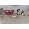 Image 1 : Cranberry Cresta Bowl + 2 Dog Ornaments 