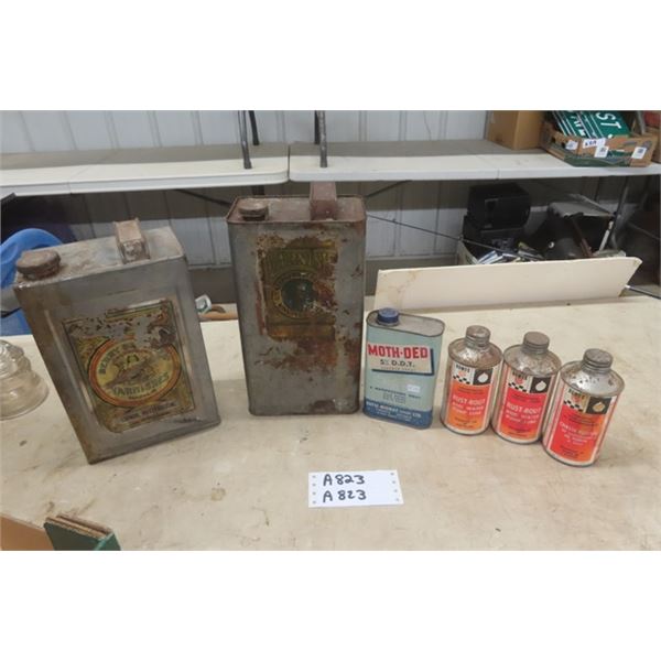 2 Vintage Paper Label Varnish Tins, Moth Killer, Bowes Rust Rout Tins