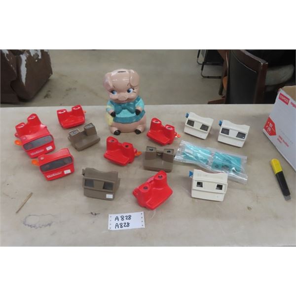 14 Viewmaster Viewers + Ceramic Piggy Bank