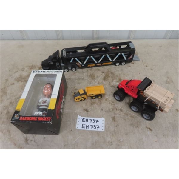 Hot Wheels Cargo Carrier, Nolan Baumgartner Bobble Head, 2 Toy Trucks 