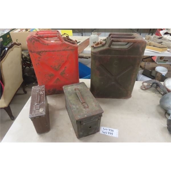 2 Metal Jerry Cans, 2 Ammunition Boxes 