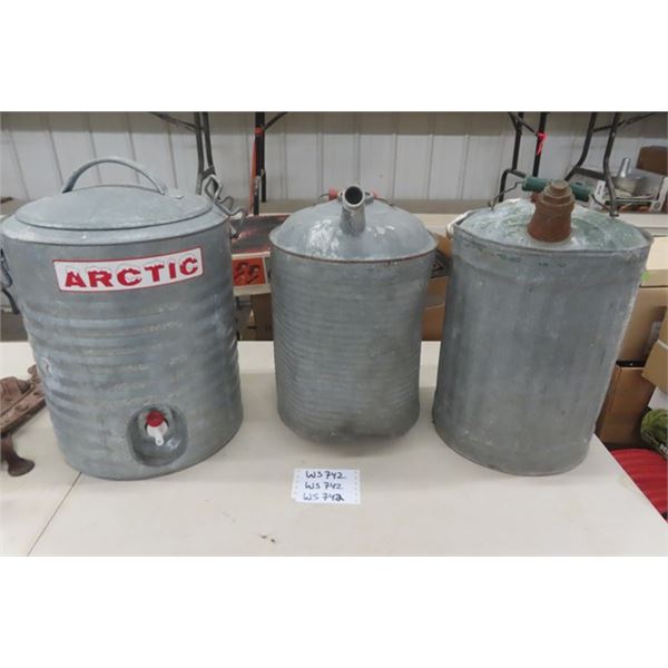 3 Galvanized Water Jugs - 2 With Top Spouts, 1 Has Lower Spigot 
