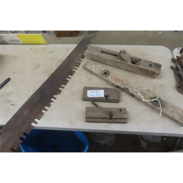 Vintage Cross Cut Saw, Wood Planes, Vintage Wood and Brass Level 