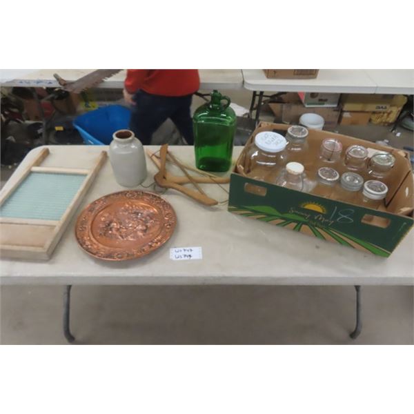 Wash Board, Assorted Sealers, Crock, Green Jug, Copper Tray 