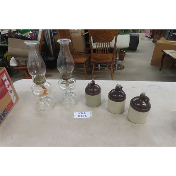 2 Clear Oil Lamps, 3 Crock Style Display Jugs