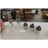 Image 1 : 2 Clear Oil Lamps, 3 Crock Style Display Jugs