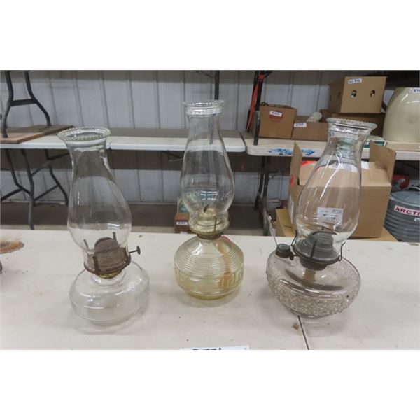 3 Vintage Clear Oil Lamps 