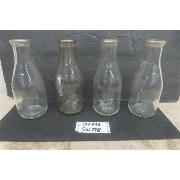 4 Vintage Milk Bottles, 1 is Embossed ''Piggly Wiggly"