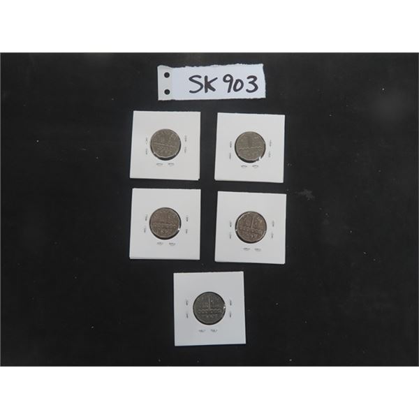 (5) 1951 Canadian 5 cent Coins - King George