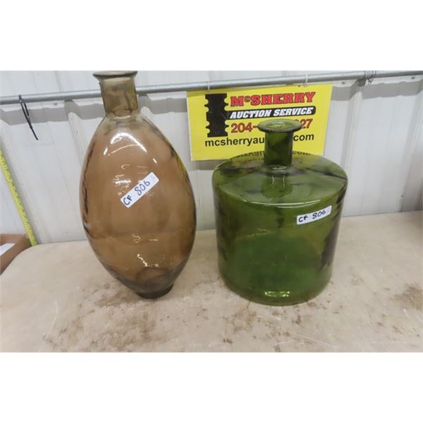 Two Large Coloured Glass Vases , Brown One is 24'' Tall 