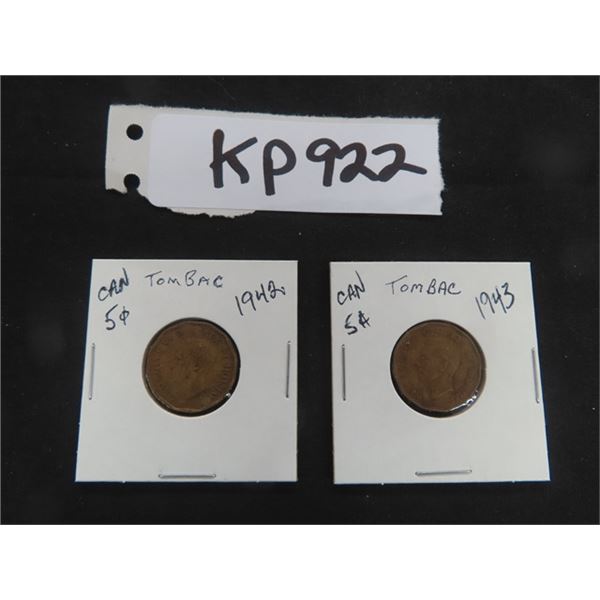 1942 + 1943 Canada  Tombac 5 cent Coins
