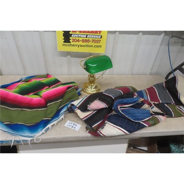 2 Mexican Blankets and Green Glass Shade Table Lamp 