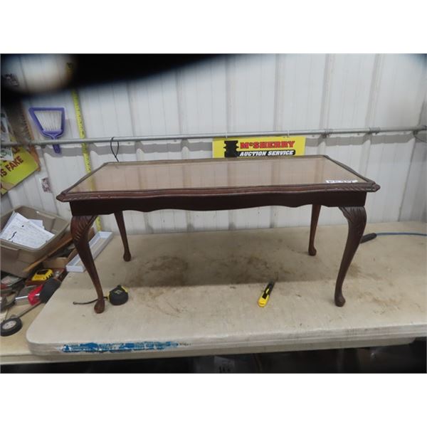 Coffee Table with Glass Top Protector Over Leather Inlay, Design Carving on Wood 18'' x 38'' x 18'' 