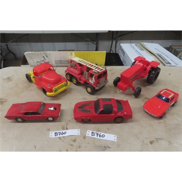 6 Plastic Toy Vehicles ; IH Tractor, Firetruck, Semi Truck Cab, 3 Cars