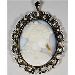 A Carved Russian Agate Cameo with 18 kt Yellow Gold, Diamond and Pearl Frame with Black and White En