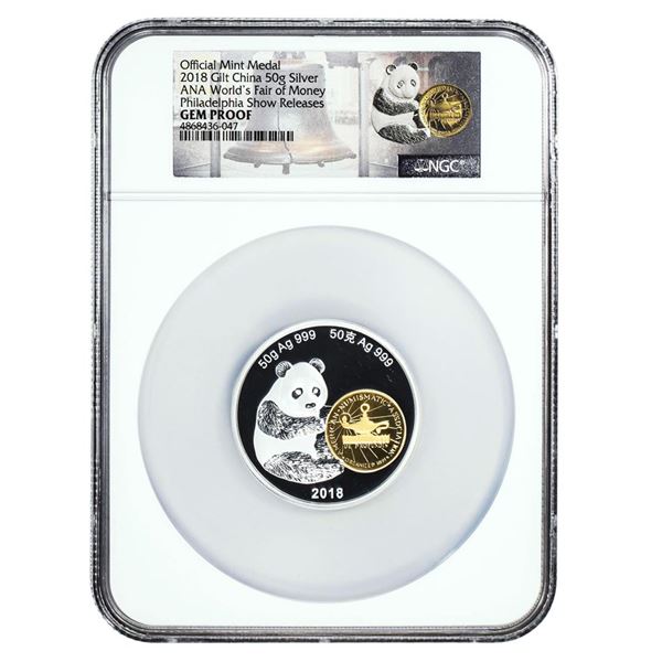 2018 China 50 Gram Silver Gilt Panda Coin NGC GEM Proof ANA WFOM Philadelphia