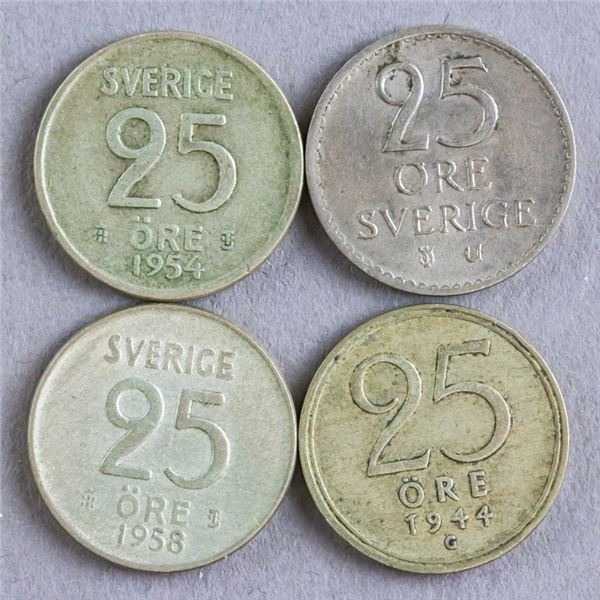 Lot of 4 Sweden Coins 25 Ore 1944 1954 1955 1970