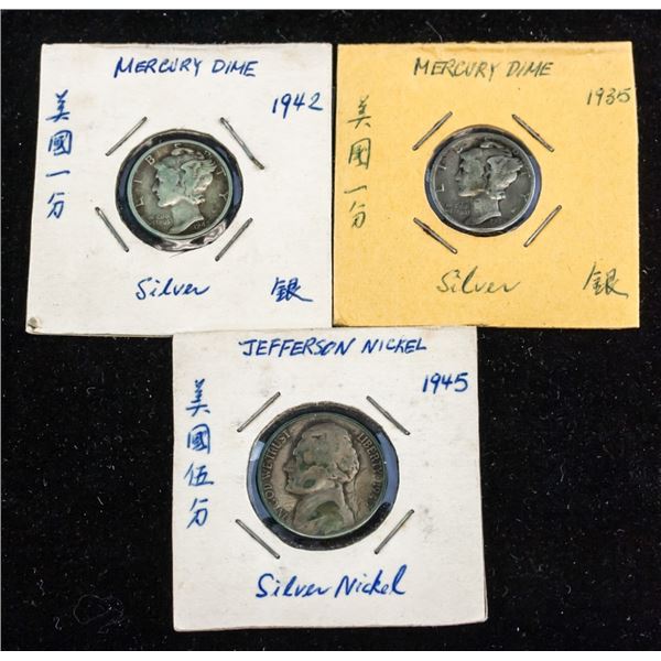 Lot of 3 USA Coins Dimes and Nickel 1935 1942 1945