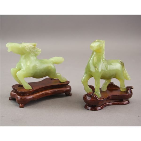 Pair Chinese Green Stone Carved Horses with Stand