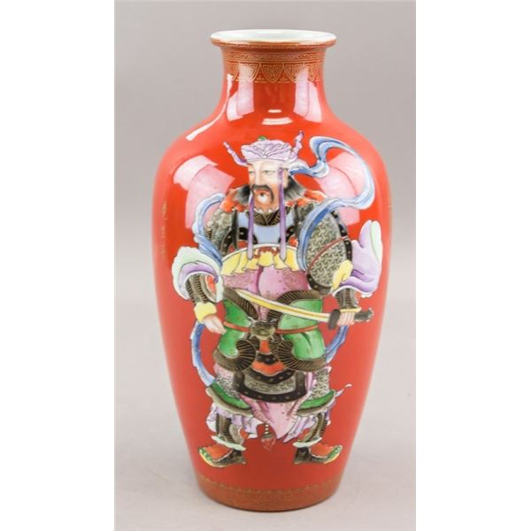 Chinese Red Painted Figural Vase Qianlong Mark