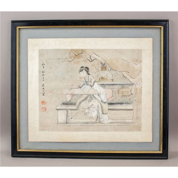 Chinese Watercolor Court Scene Signed and Seals