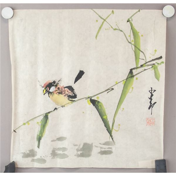 Chinese Watercolor on Paper Signed Bird on Tree