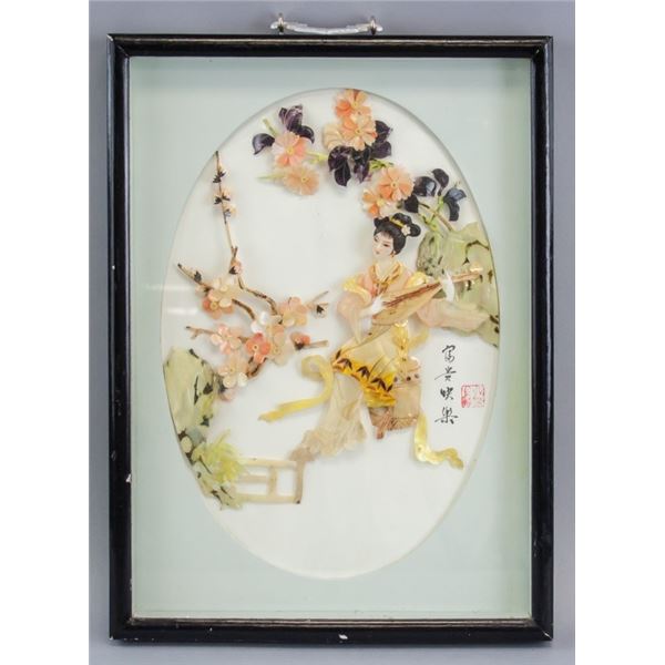 Chinese Shell Carved Beauty Wood Framed