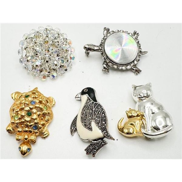 PENGUIN, CAT, TURTLES BROOCH