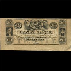 Rare 1850s Louisiana Canal Banking $20 Bill  (COI-3091) (COI-3091)