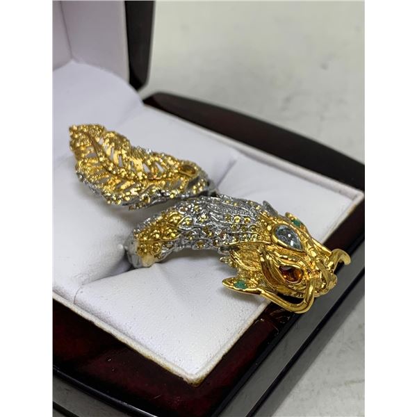 Aquamarine & Emerald 4.08 Carat Ladies Dragon Ring .925 Silver with certificate value $1800.00