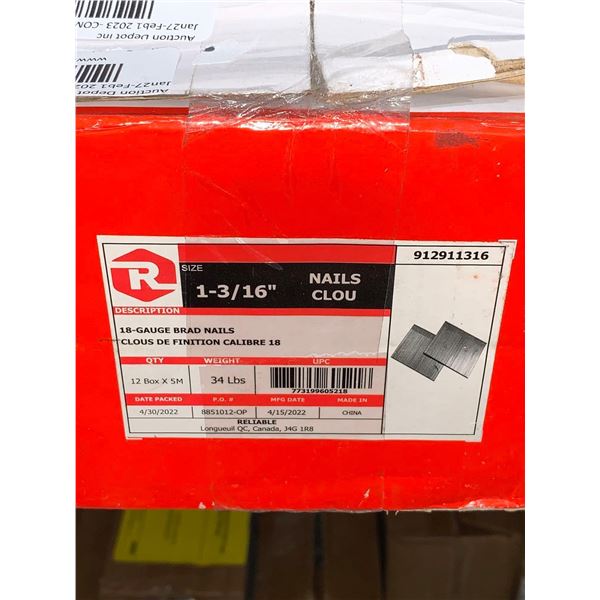 Reliable 18 gauge brad nails 1 3/16 in 12 boxes x 5M